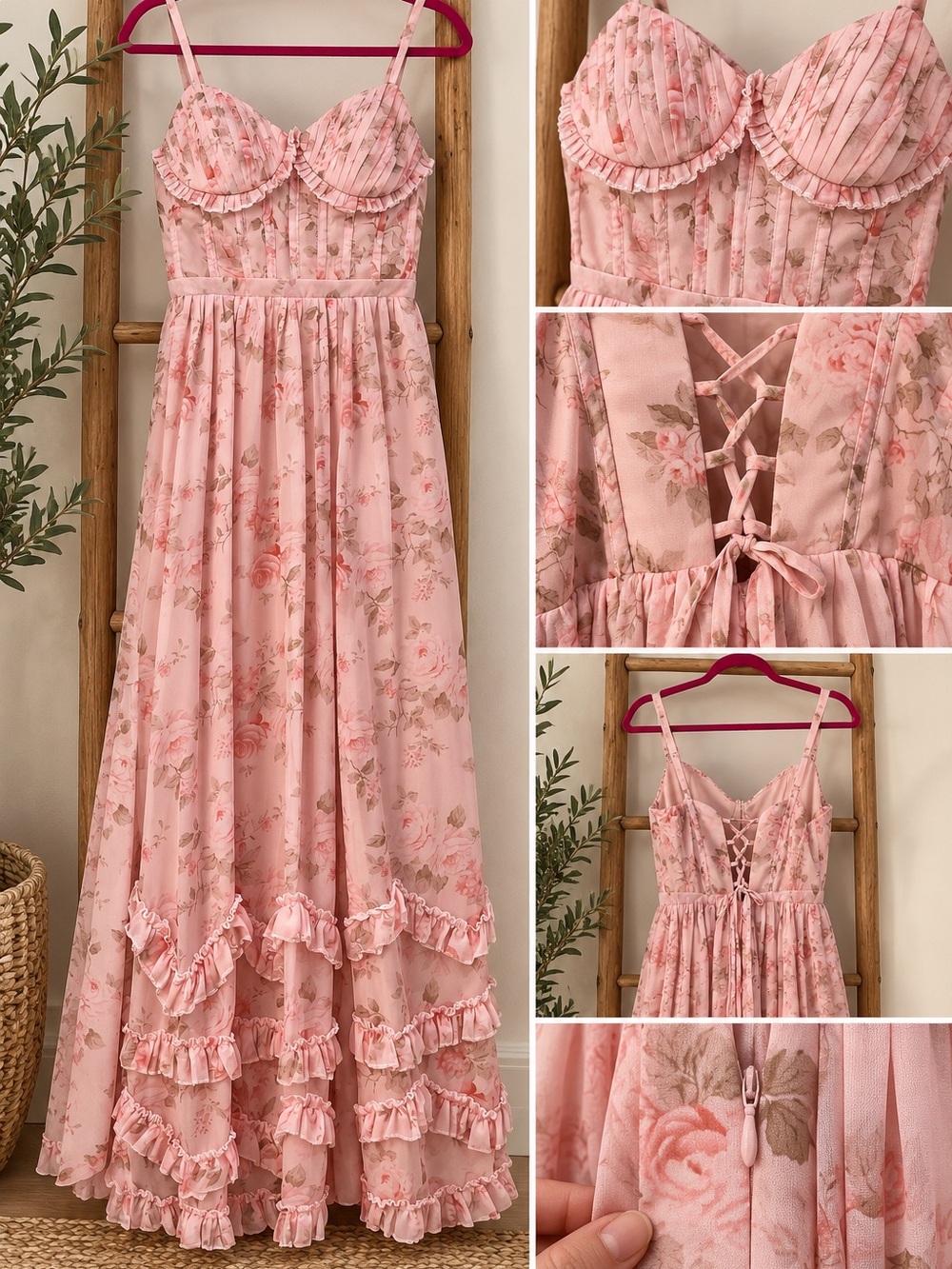 NWT Pink Floral Ruffle Maxi Dress Corset Lace-Up Back Romantic Cottagecore L